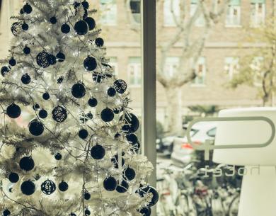 Albero di Natale bianco con decorazioni nere in una stanza luminosa.