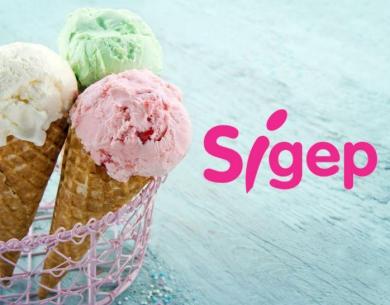 Colorful ice creams in cones with Sigep logo on blue background.