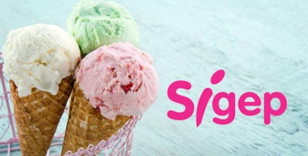 Colorful ice creams in cones with Sigep logo on blue background.